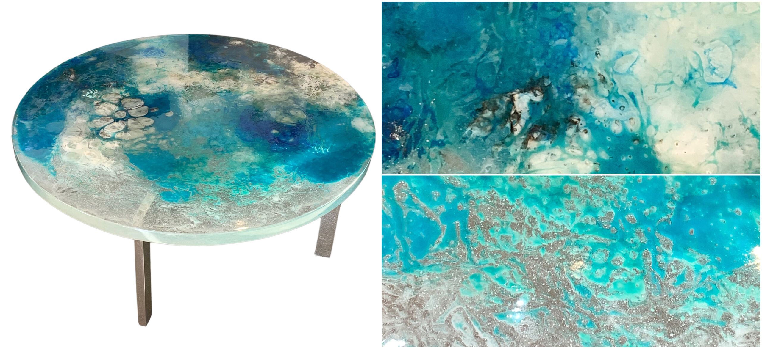Earthly Perspectives, one of a kind cast glass and polished nickel coffee table by Heather Cuell | Effusion Art Gallery, Invermere BC