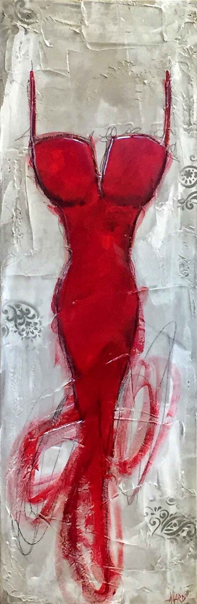 In Love, red dress painting by Valerie Allard | Effusion Art Gallery + cast Glass Studio, Invermere BC