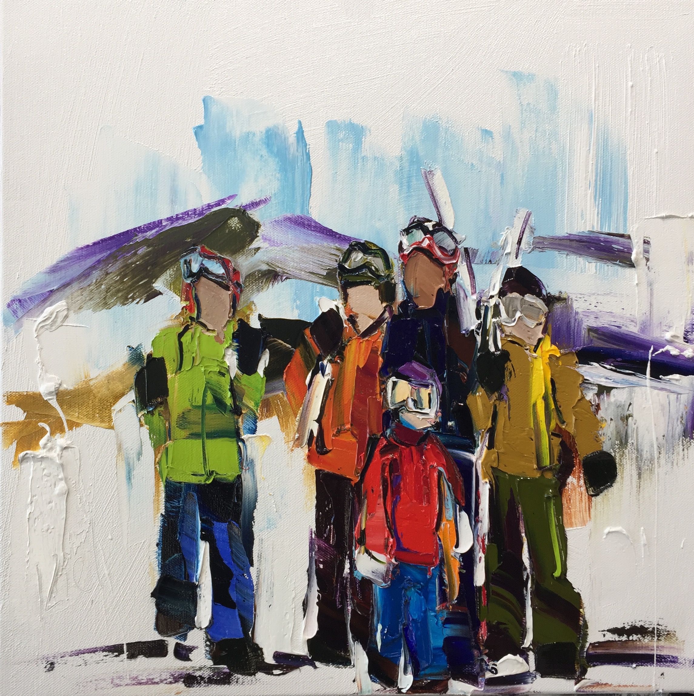 On the Slopes 5, skiing painting by Kimberly Kiel | Effusion Art Gallery + Cast Glass Studio, Invermere BC