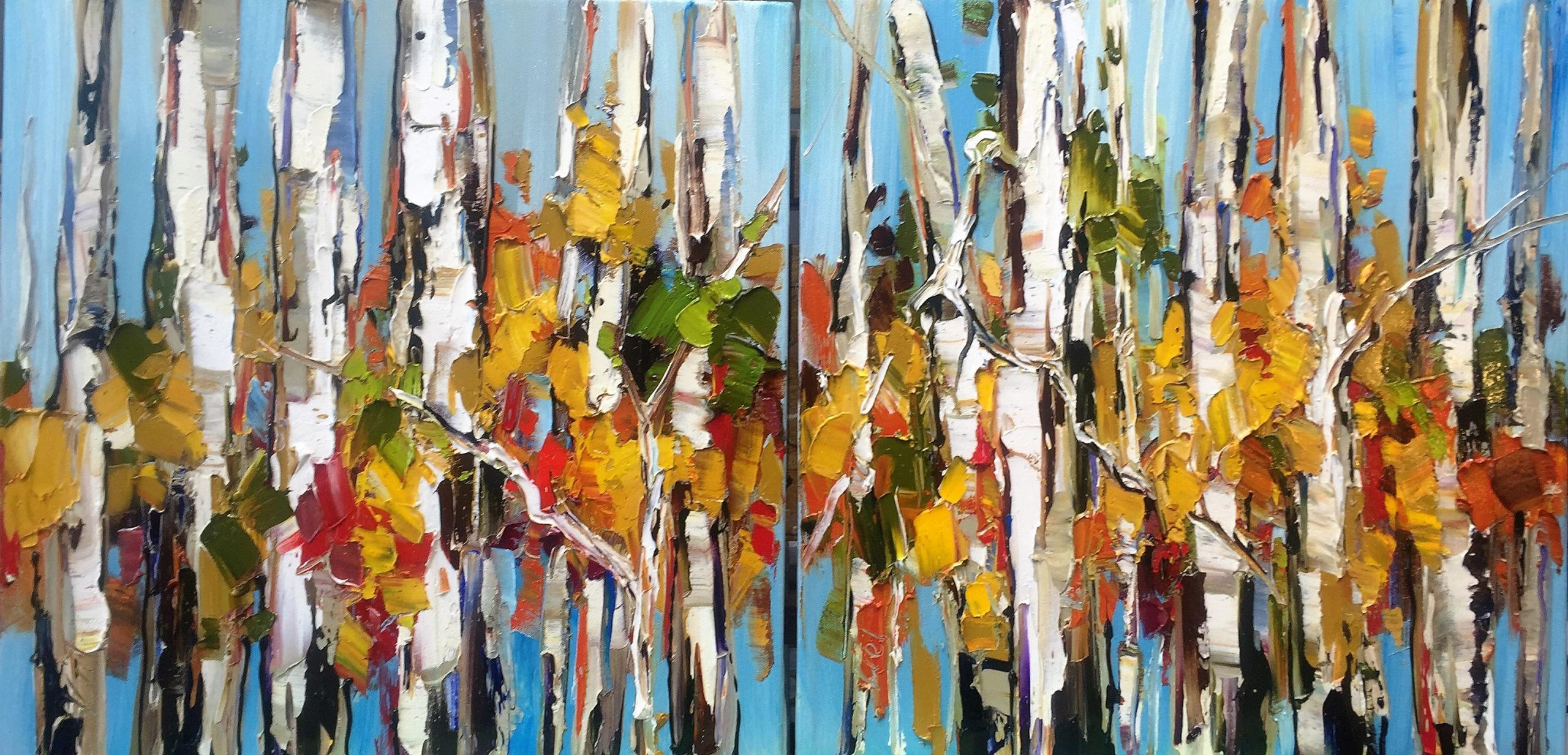 Calling for Sunny Times, birch tree painting by Kimberly Kiel | Effusion Art Gallery + Cast Glass Studio, Invermere BC