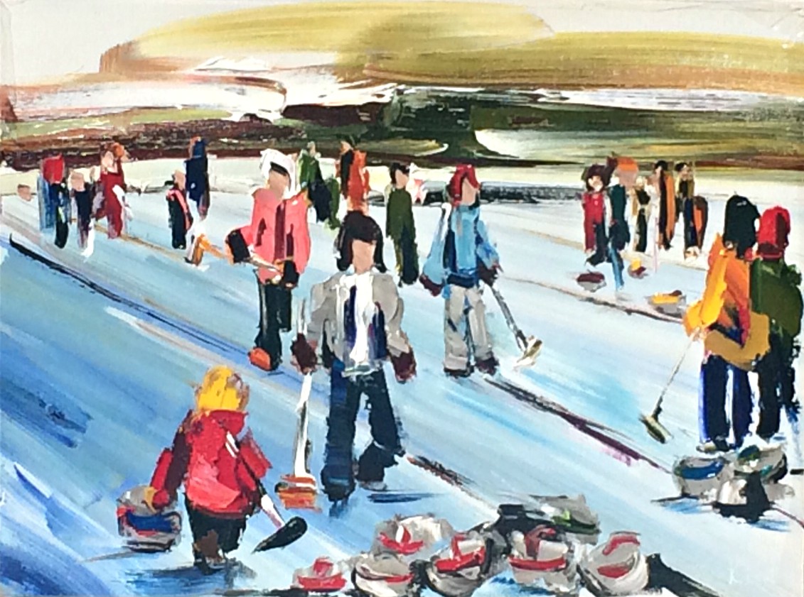Bonspiel on the Lake, Invermere lake curling painting by Kimberly Kiel | Effusion Art Gallery + Cast Glass Studio, Invermere BC