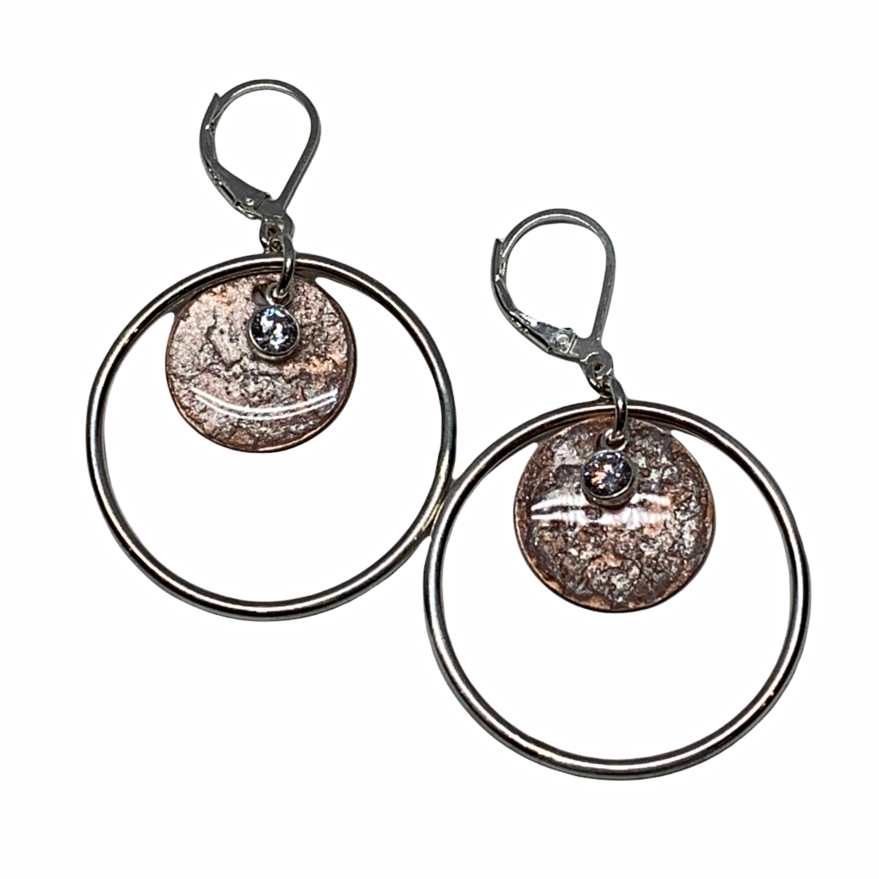 Handmade sterling silver pearlized copper, and CZ earrings by Karyn Chopik | Effusion Art Gallery + Cast Glass Studio, Invermere BC