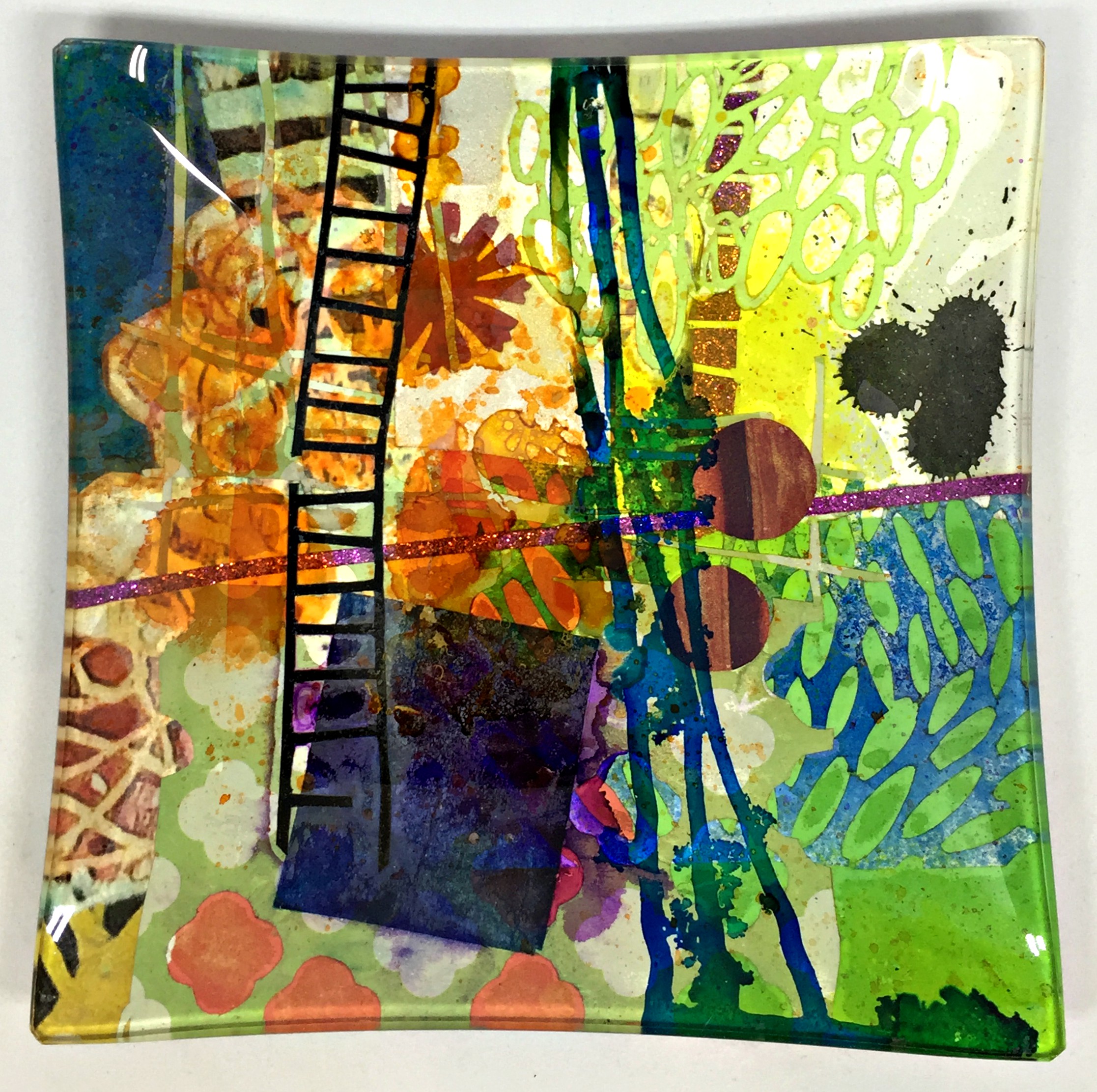 One of a kind 5" square plate by Julie Bell | Effusion Art Gallery + Cast Glass Studio
