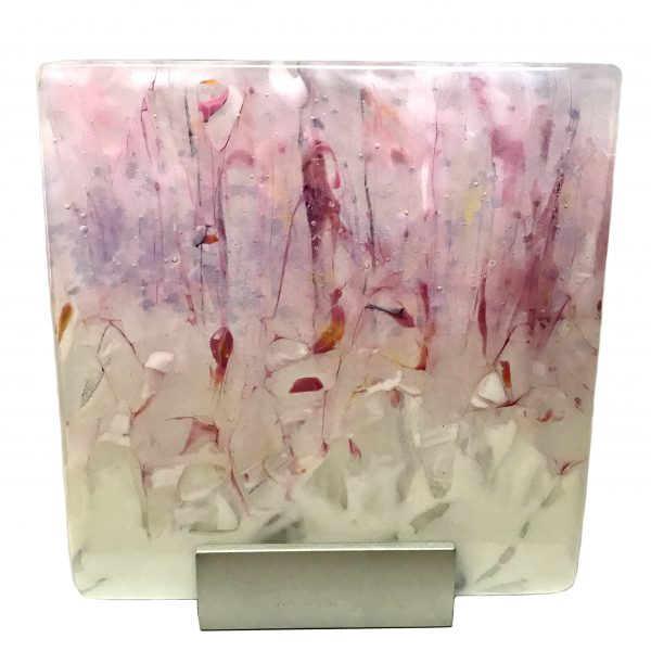Winter Pink in the Rockies, cast glass by Heather Cuell.  Donated to the 2019 UNICEF Water for Life Gala in Calgary this fall | Effusion Art Gallery + Cast Glass Studio, Invermere BC