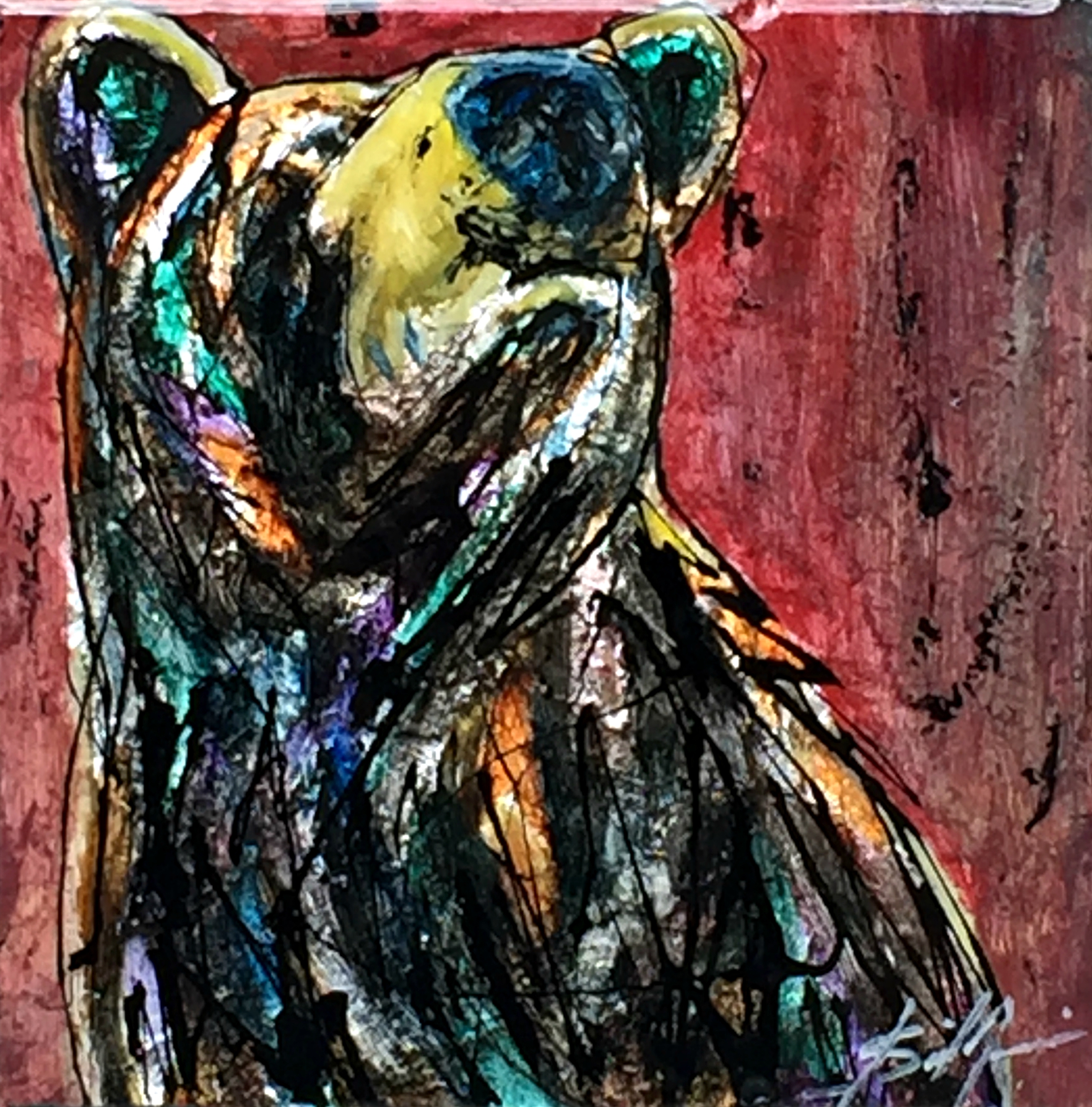 Not Interested, mixed media bear painting by David Zimmerman | Effusion Art Gallery + Cast Glass Studio, Invermere BC