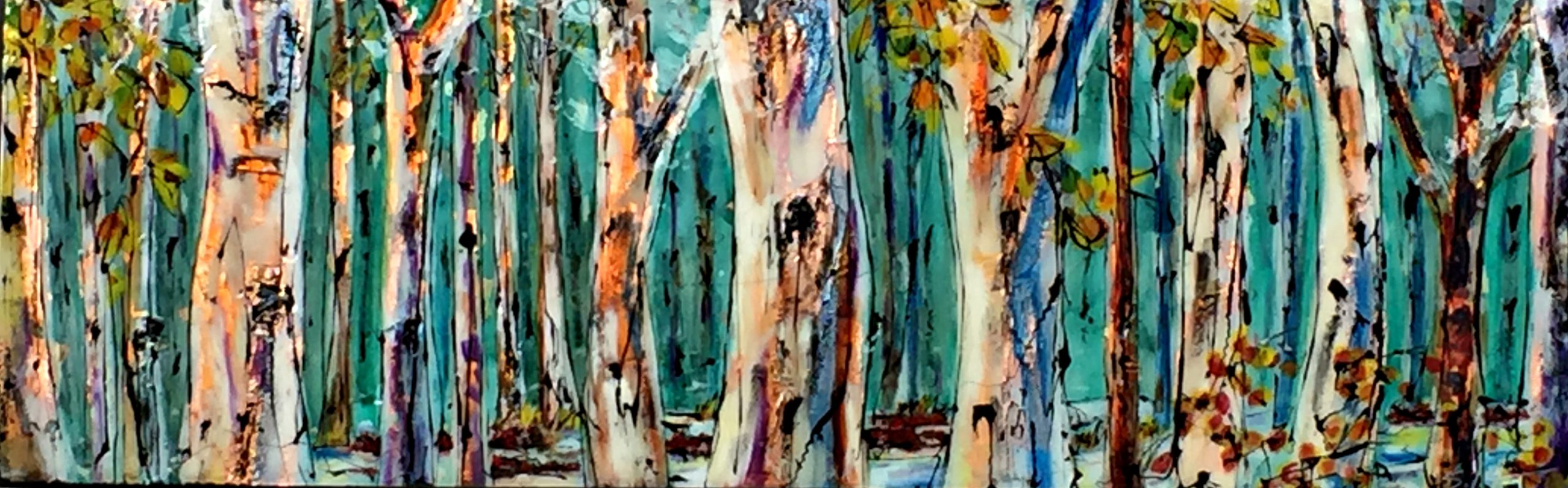 Stay Quiet, mixed media treescape painting by David Zimmerman | Effusion Art Gallery + Cast Glass Studio, Invermere BC