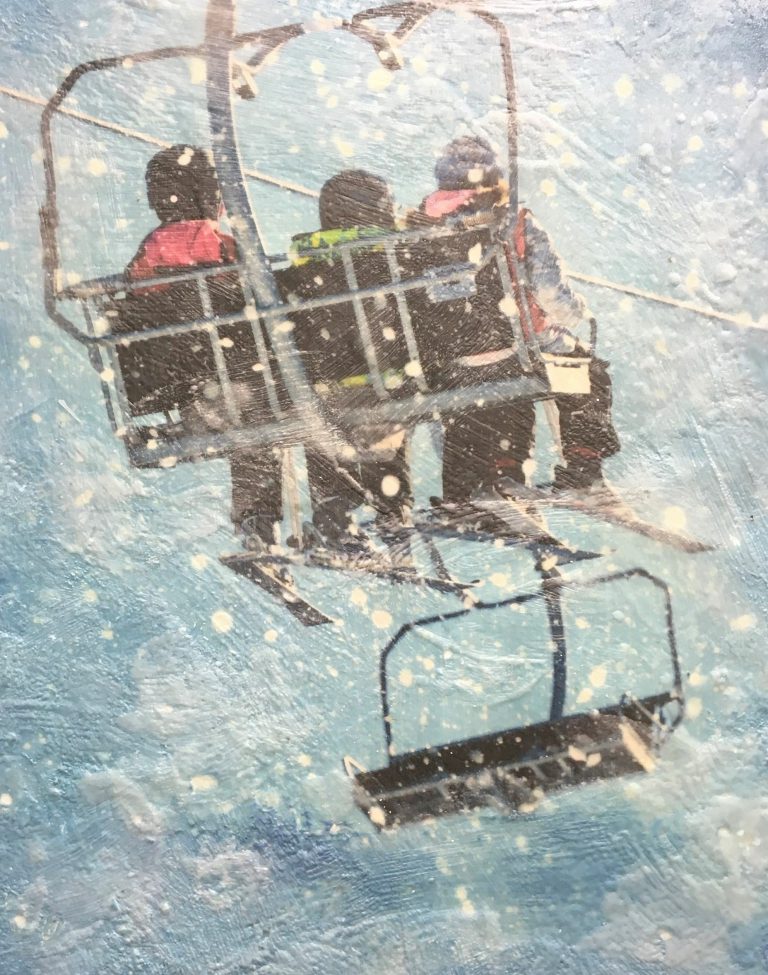 On the Lift, encaustic ski painting by Lee Anne LaForge | Effusion Art Gallery + Cast Glass Studio, Invermere BC