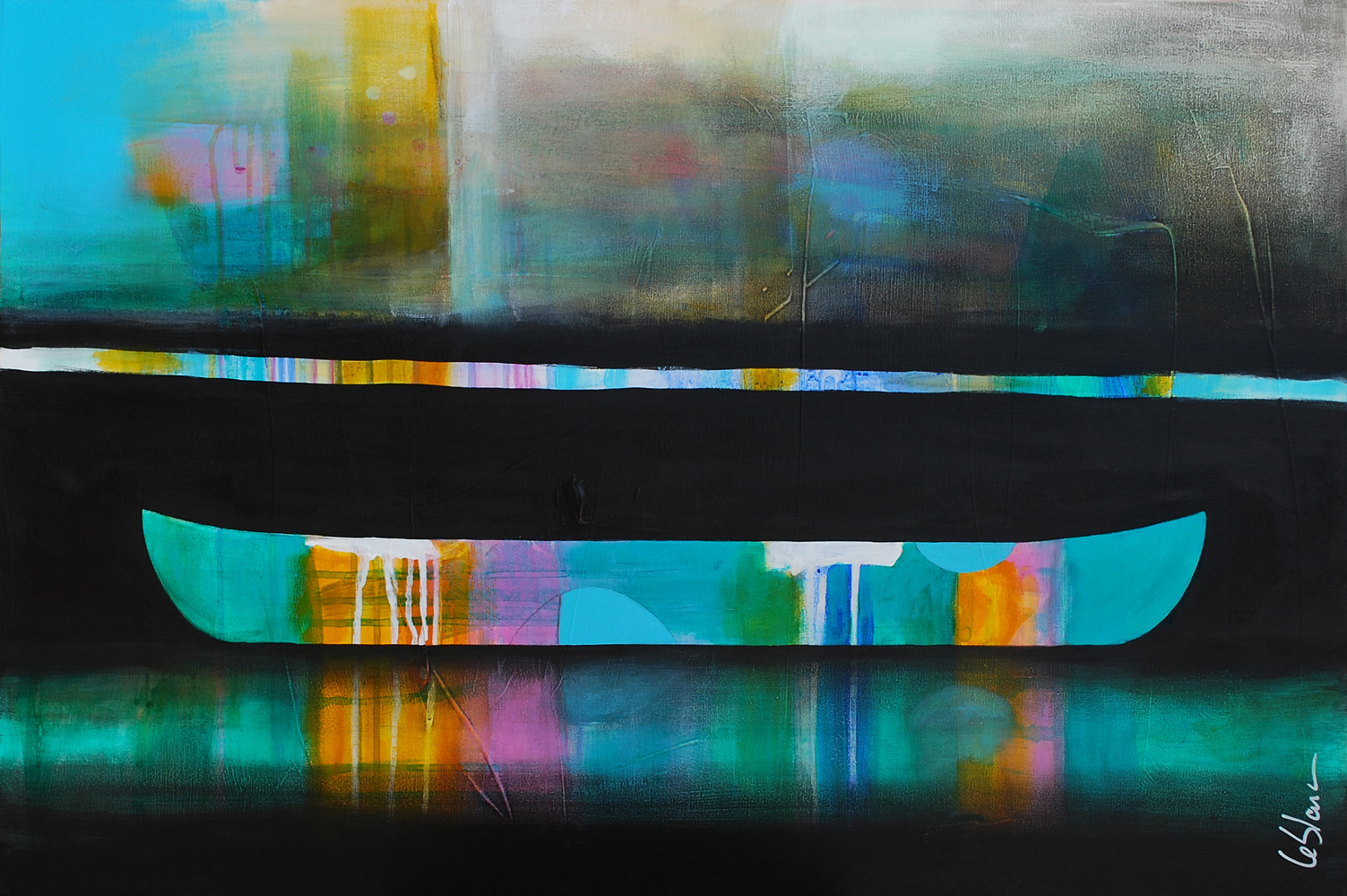 De tout son long, mixed media canoe painting by Sylvain Leblanc | Effusion Art Gallery + Cast Glass Studio, Invermere BC