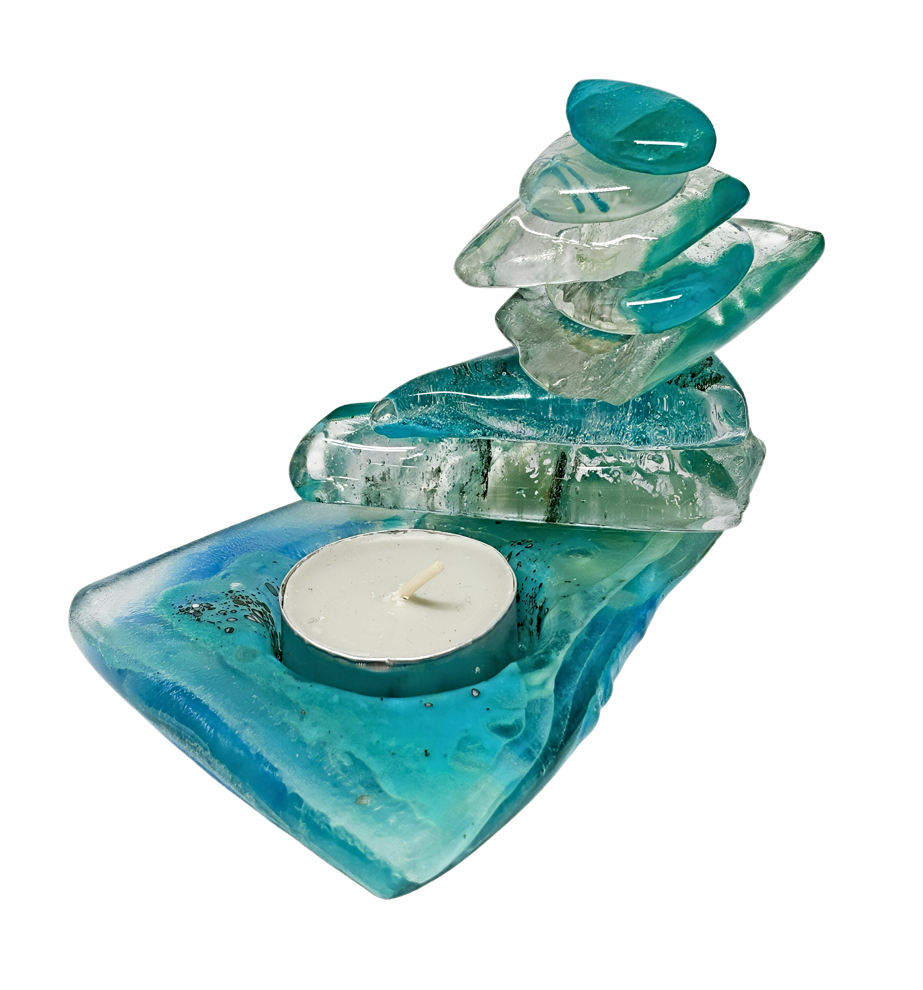 One of a Kind cast glass Rocky Mountain cairn sculpture + tea tealight holder by Canadian artist Heather Cuell at Effusion Art Gallery in Invermere, BC.