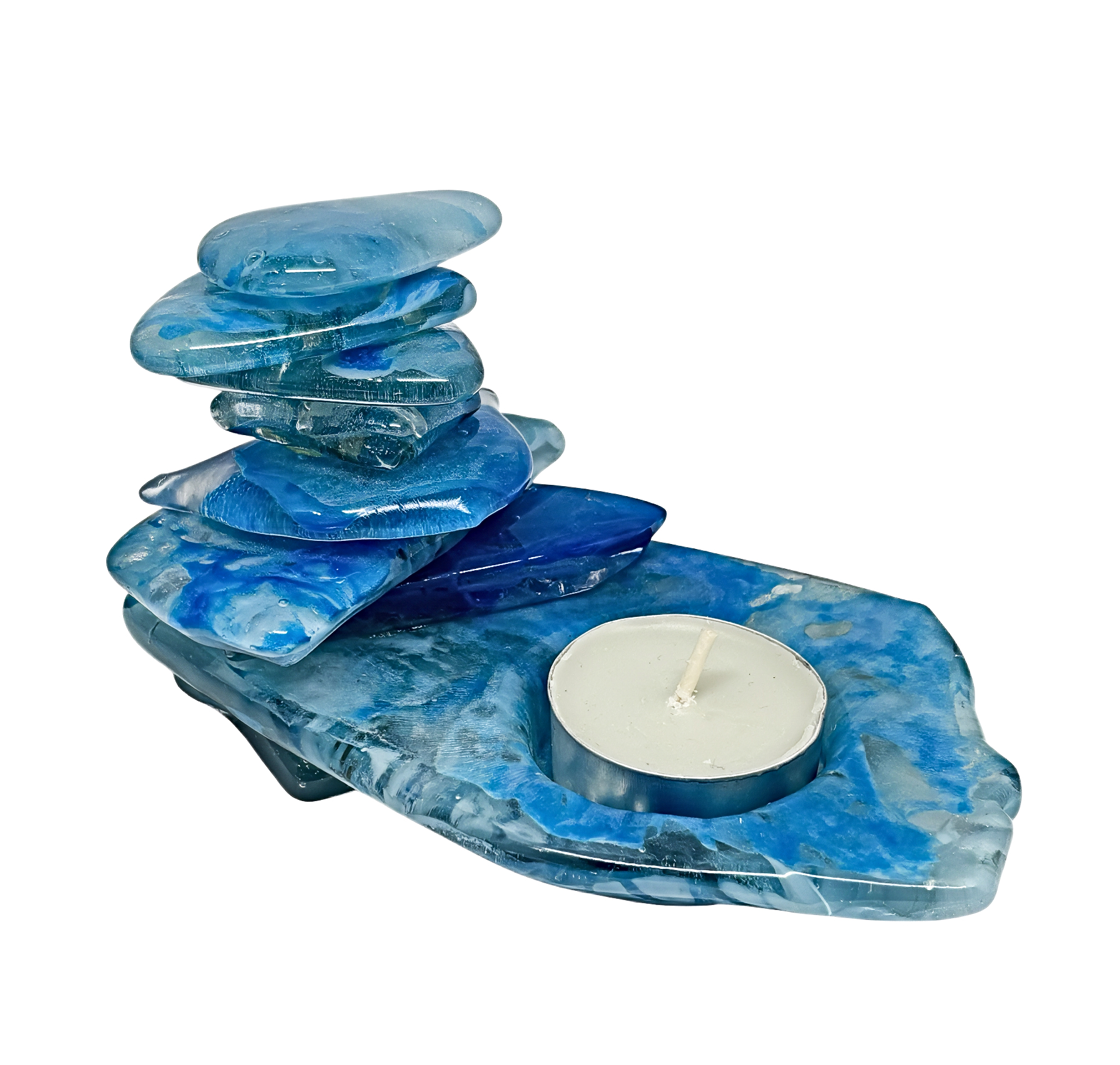 One of a Kind cast glass Rocky Mountain cairn sculpture + tea tealight holder by Canadian artist Heather Cuell at Effusion Art Gallery in Invermere, BC.