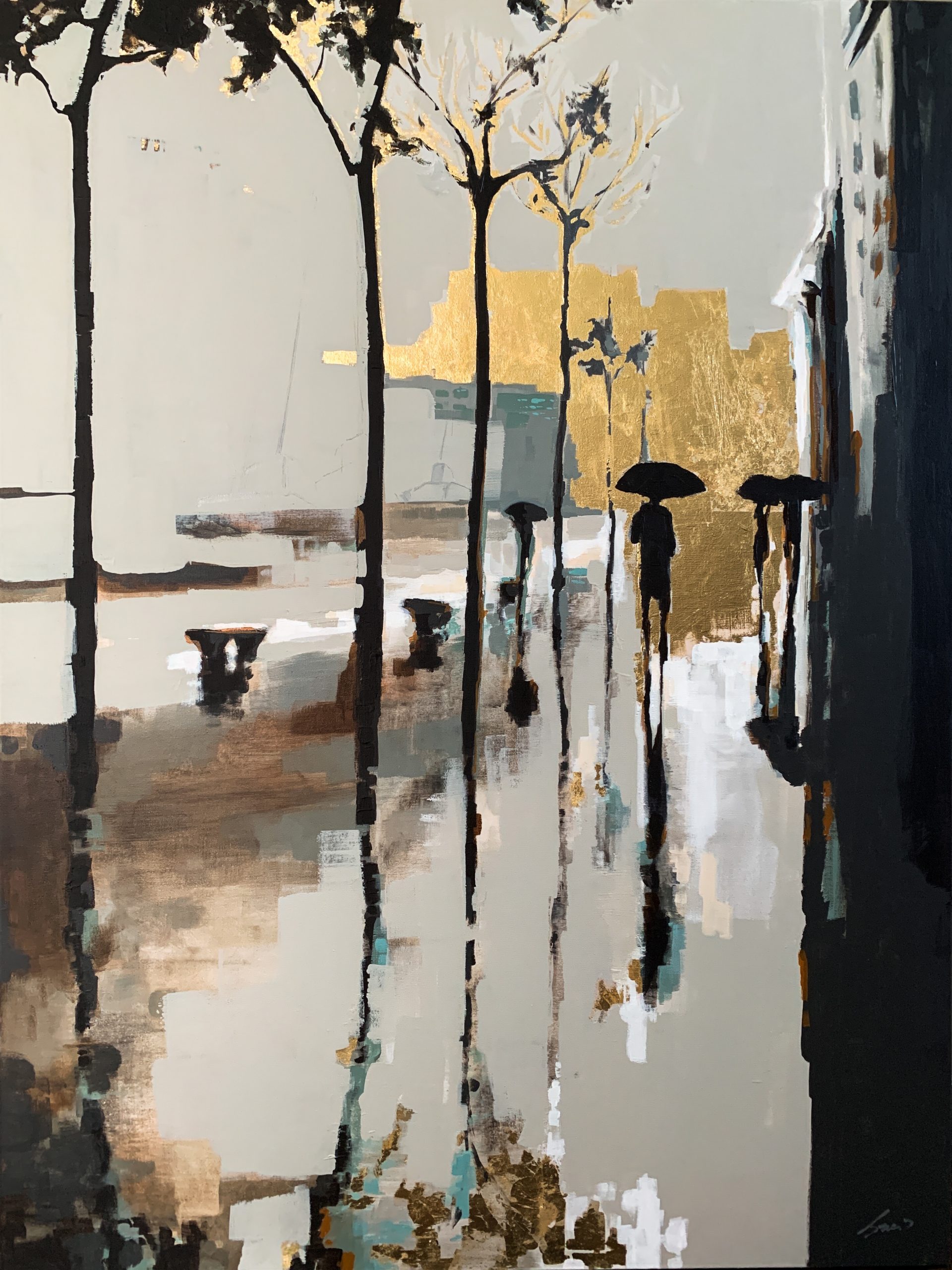 Le Quai des Brumes, mixed media cityscape painting by Marie-France Boisvert | Effusion Art Gallery + Cast Glass Studio, Invermere BC