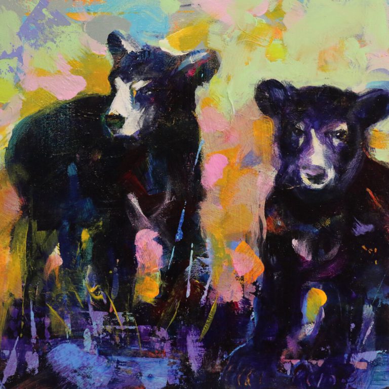 Bear Cubs 4, acrylic black bear cub painting by Verne Busby | Effusion Art Gallery + Glass Studio, Invermere BC
