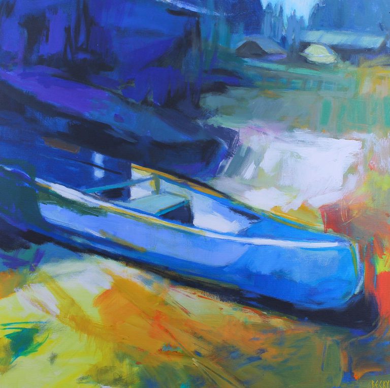 Can You Canoe 1, impressionist canoe painting by Becky Holuk | Effusion Art Gallery +  Glass Studio, Invermere BC