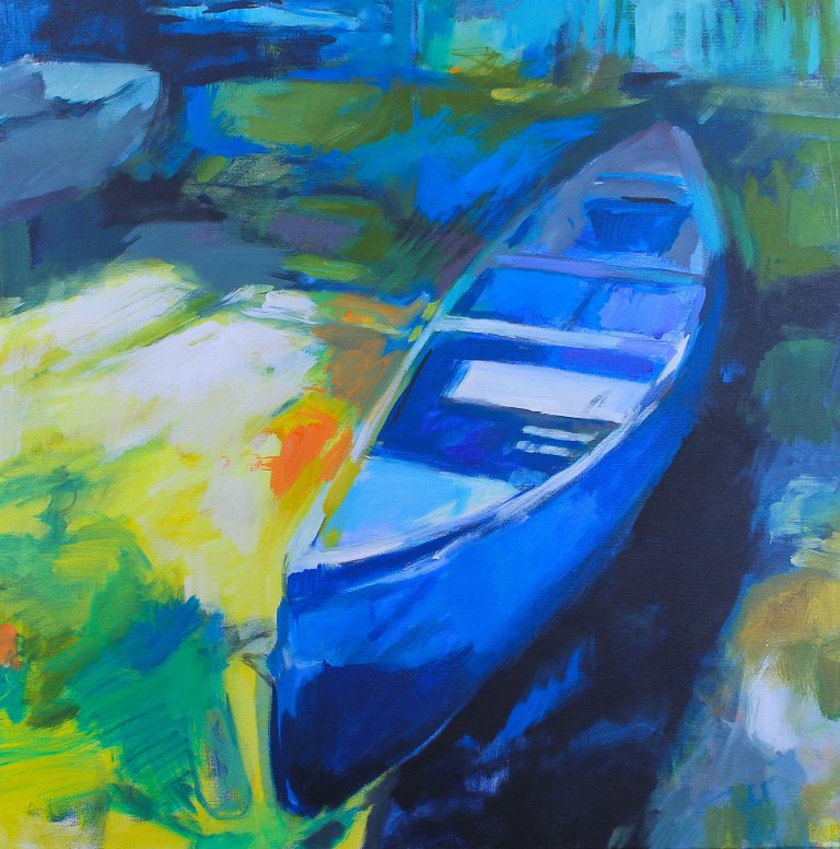 Can You Canoe 2, impressionist canoe painting by Becky Holuk | Effusion Art Gallery +  Glass Studio, Invermere BC