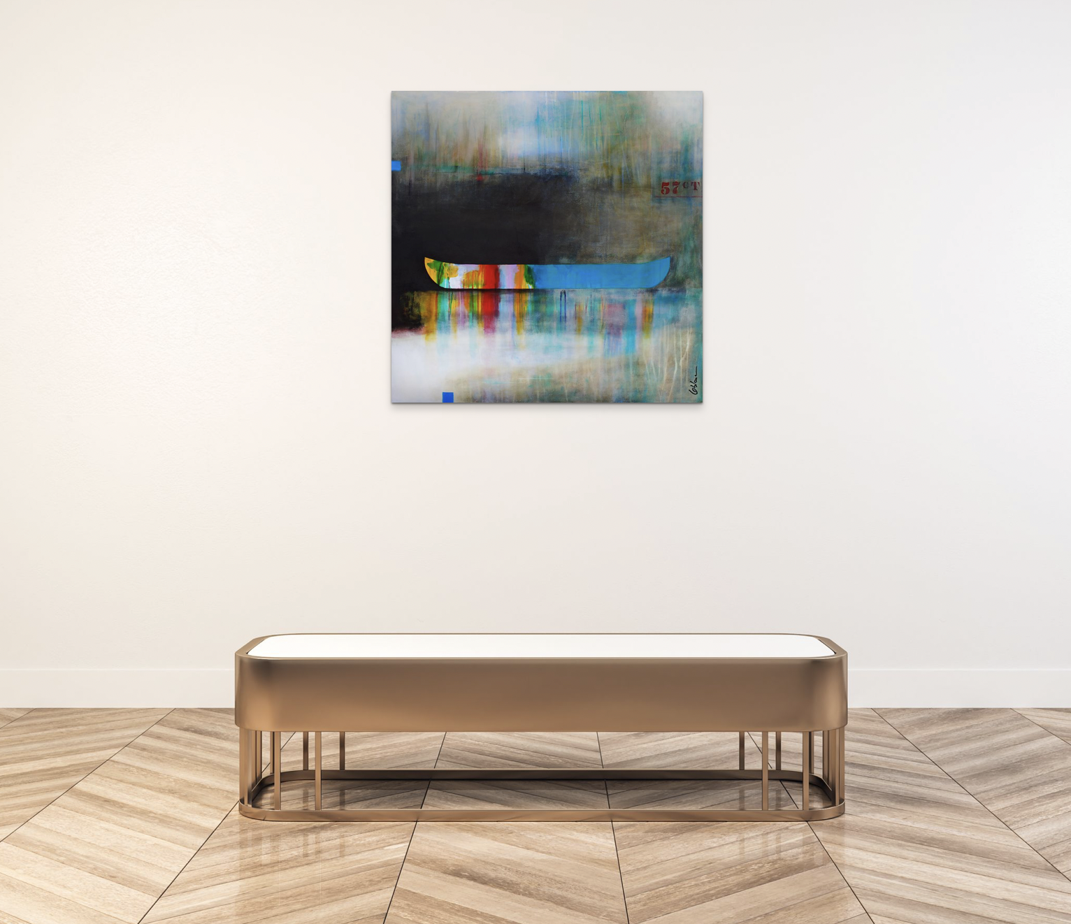L'équilibre des désirs, mixed media canoe painting by Sylvain Leblanc | Effusion Art Gallery + Cast Glass Studio, Invermere BC