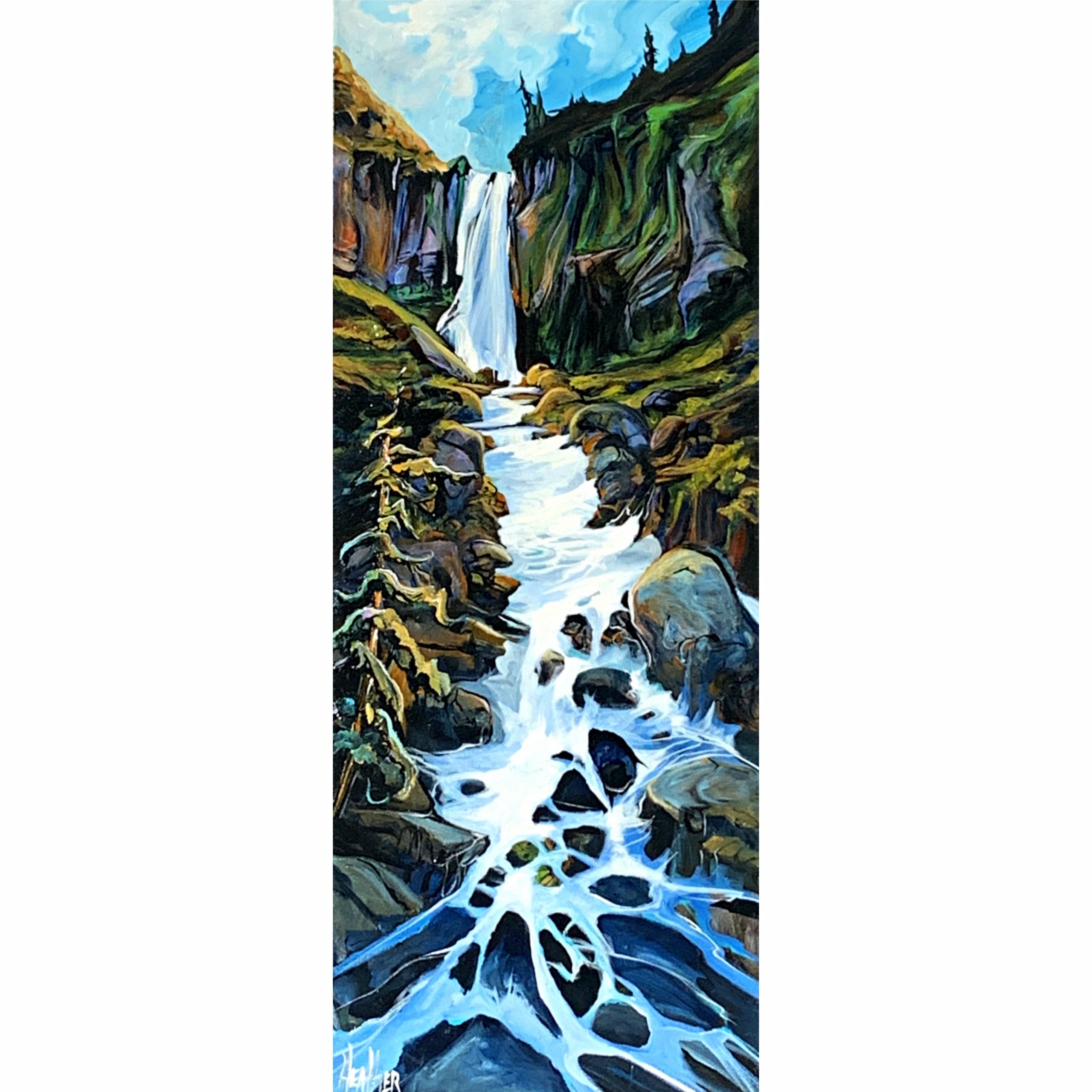 In the Midst, acrylic waterfall painting by Heather Pant | Effusion Art Gallery + Cast Glass Studio, Invermere BC