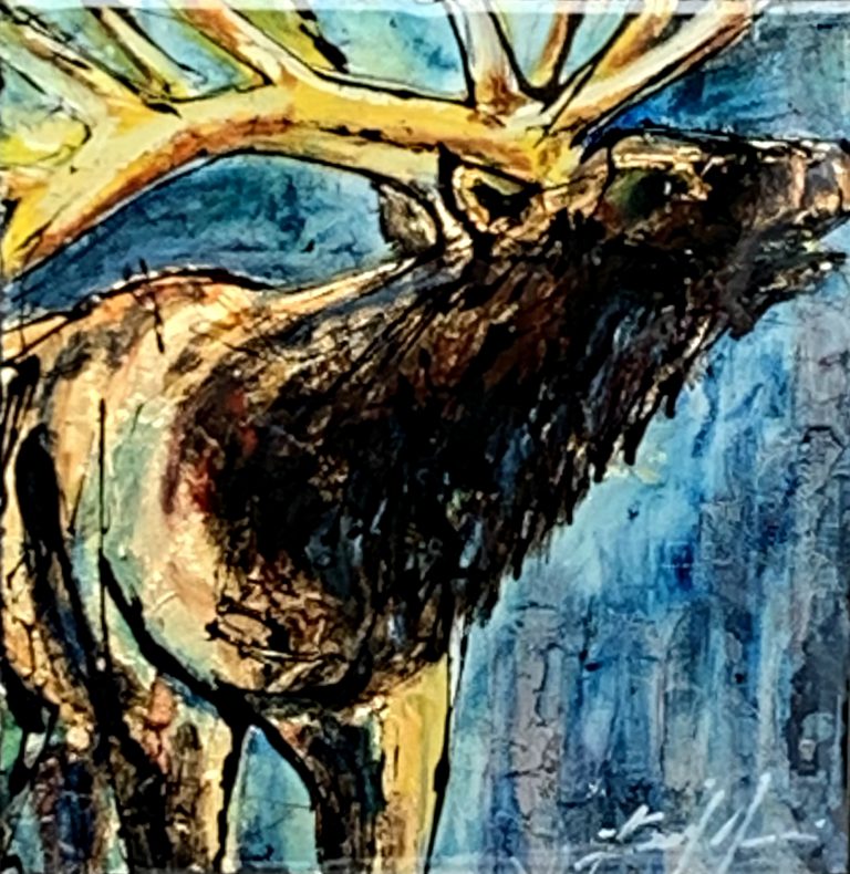 Canada 37, mixed media elk painting by David Zimmerman | Effusion Art Gallery + Cast Glass Studio, Invermere BC