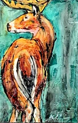 The Look, mixed media deer painting by David Zimmerman | Effusion Art Gallery + Cast Glass Studio, Invermere BC