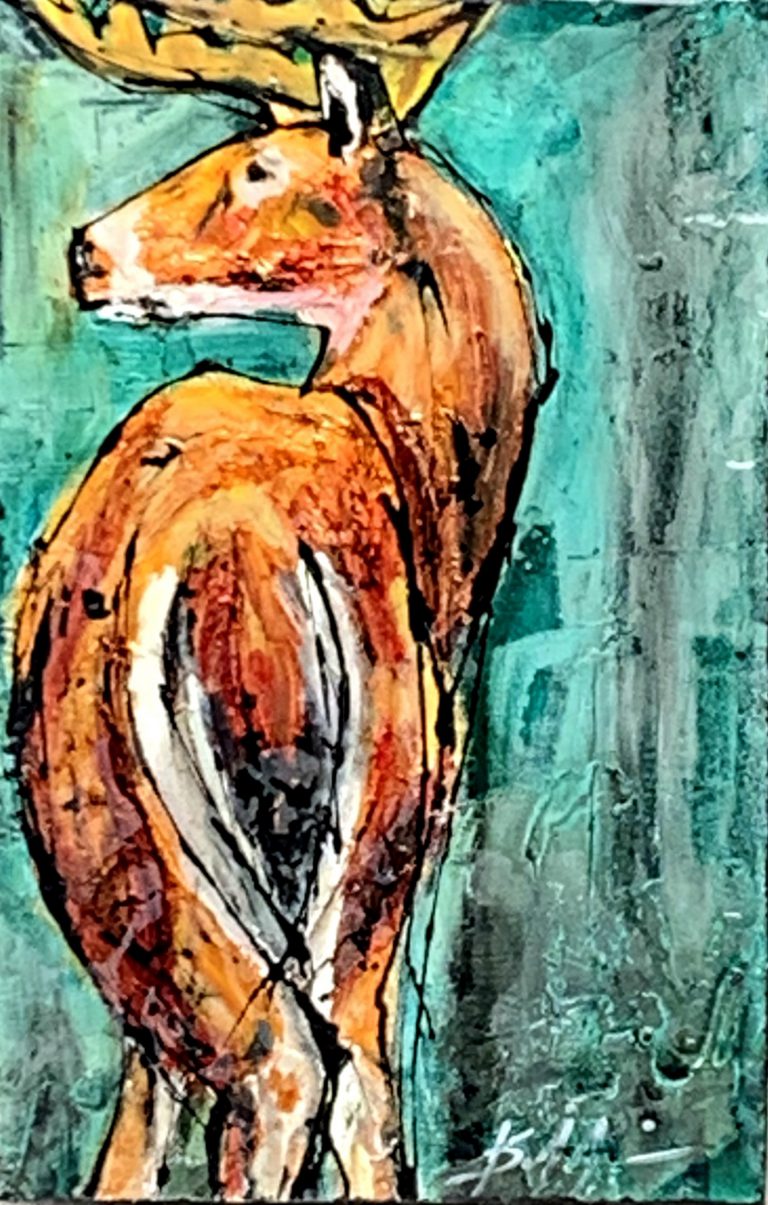 The Look, mixed media deer painting by David Zimmerman | Effusion Art Gallery + Cast Glass Studio, Invermere BC