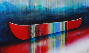 Red Red Wine, mixed media canoe painting by Sylvain Leblanc | Effusion Art Gallery + cast Glass Studio, Invermere BC