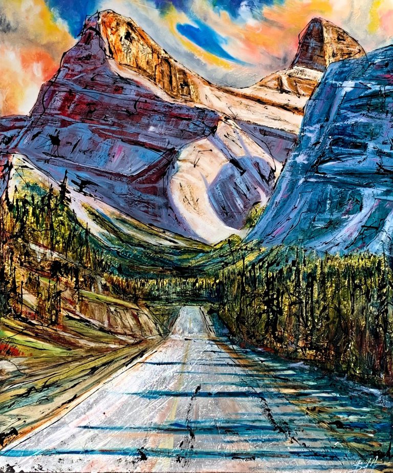 A Journey to Gold, mixed media landscape painting by David Zimmerman | Effusion Art Gallery + Cast Glass Studio, Invermere BC