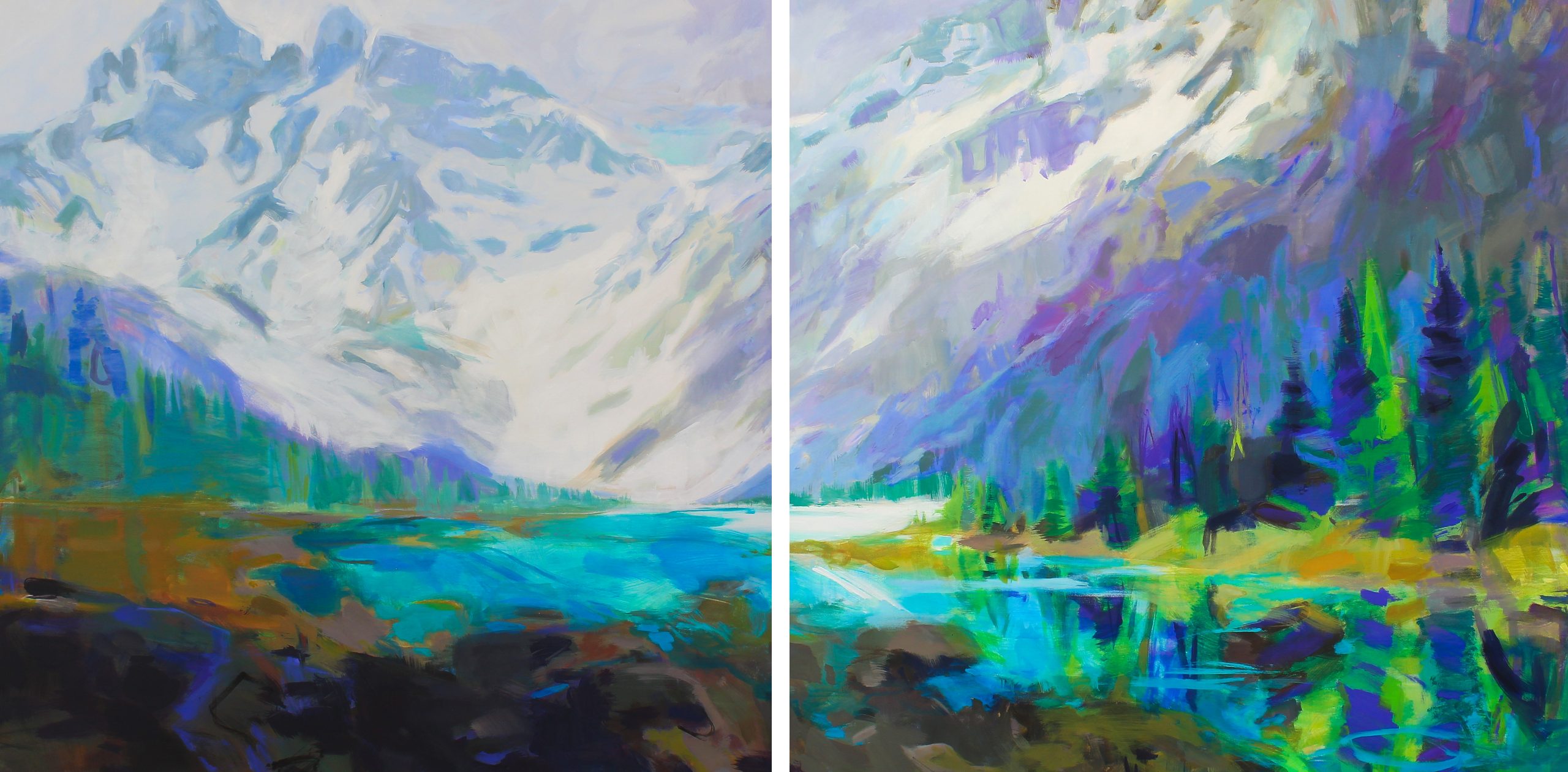 Twins, acrylic landscape painting by Becky Holuk | Effusion Art Gallery + Cast Glass Studio, Invermere BC