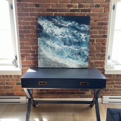 Crashing Waves, encaustic painting by Lee Anne LaForge installed in its beautiful new home | Effusion Art Gallery + Cast Glass Studio, Invermere BC