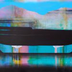 Cette attirance des écluses lointaines, mixed media canoe painting by Sylvain Leblanc | Effusion Art Gallery + Cast Glass Studio, Invermere BC