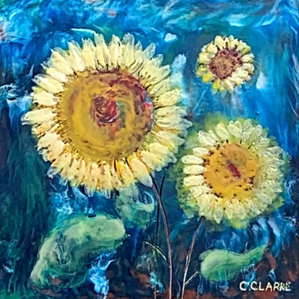 Photobomb, encaustic sunflower painting by Catharine Clarke | Effusion Art Gallery + Cast Glass Studio, Invermere BC