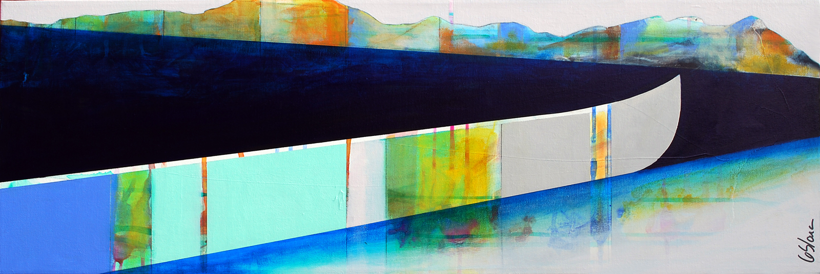 Éphèmère, mixed media canoe painting by Sylvain Leblanc | Effusion Art Gallery + Cast Glass Studio, Invermere BC