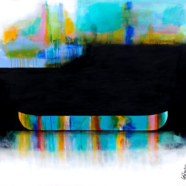 Parfois il y a de ses lumières, mixed media canoe painting by Sylvain Leblanc | Effusion Art Gallery + Cast Glass Studio, Invermere BC