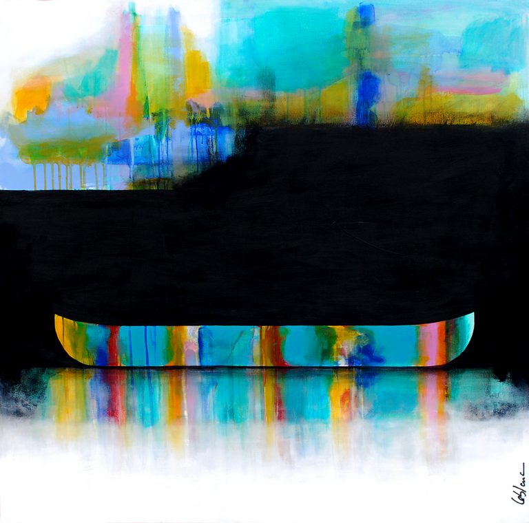 Parfois il y a de ses lumières, mixed media canoe painting by Sylvain Leblanc | Effusion Art Gallery + Cast Glass Studio, Invermere BC