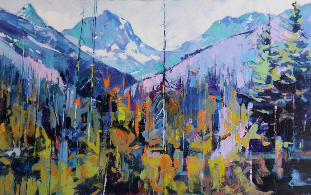 White Tail Peaks to Verendrye, acrylic landscape painting by Verne Busby | Effusion Art Gallery + Cast Glass Studio, Invermere BC