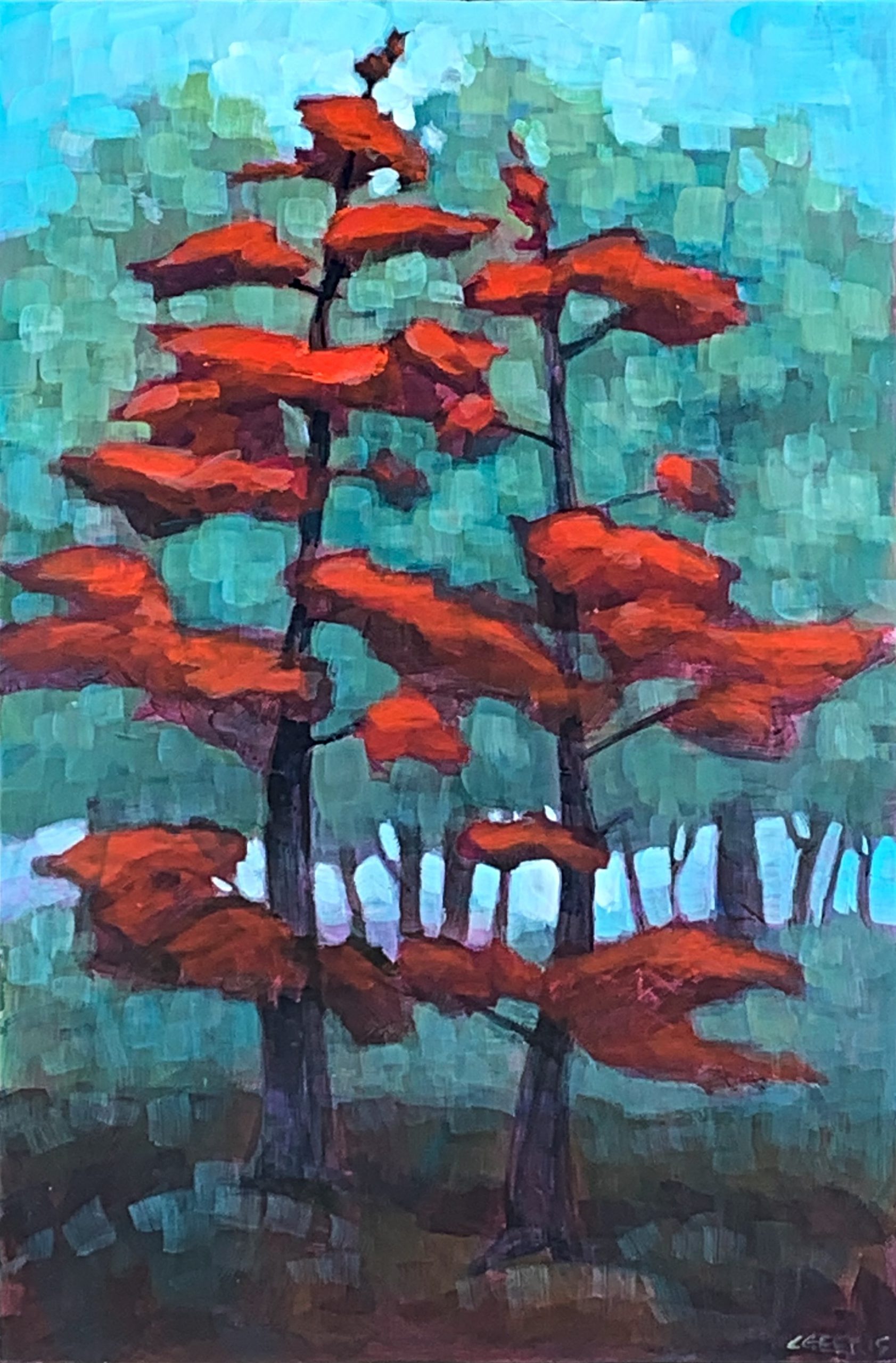 Cool Shade, mixed media tree painting by Connie Geerts | Effusion Art Gallery + Cast Glass Studio, Invermere BC