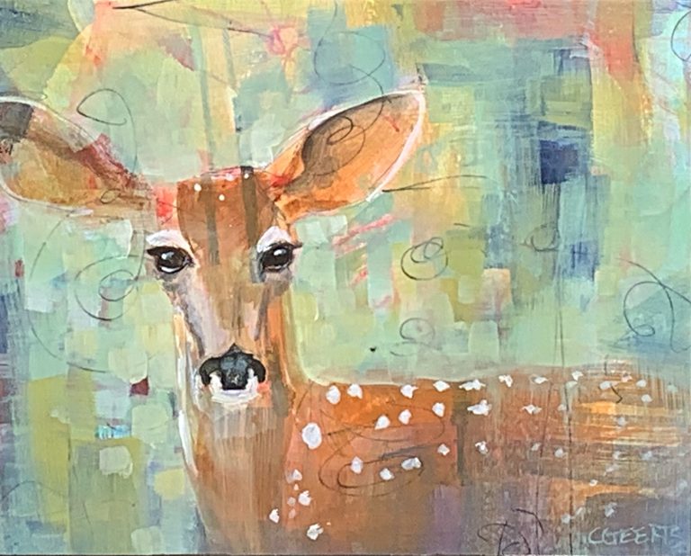 Encounters with Spirit, mixed media deer painting by Connie Geerts | Effusion Art Gallery + Cast Glass Studio, Invermere BC