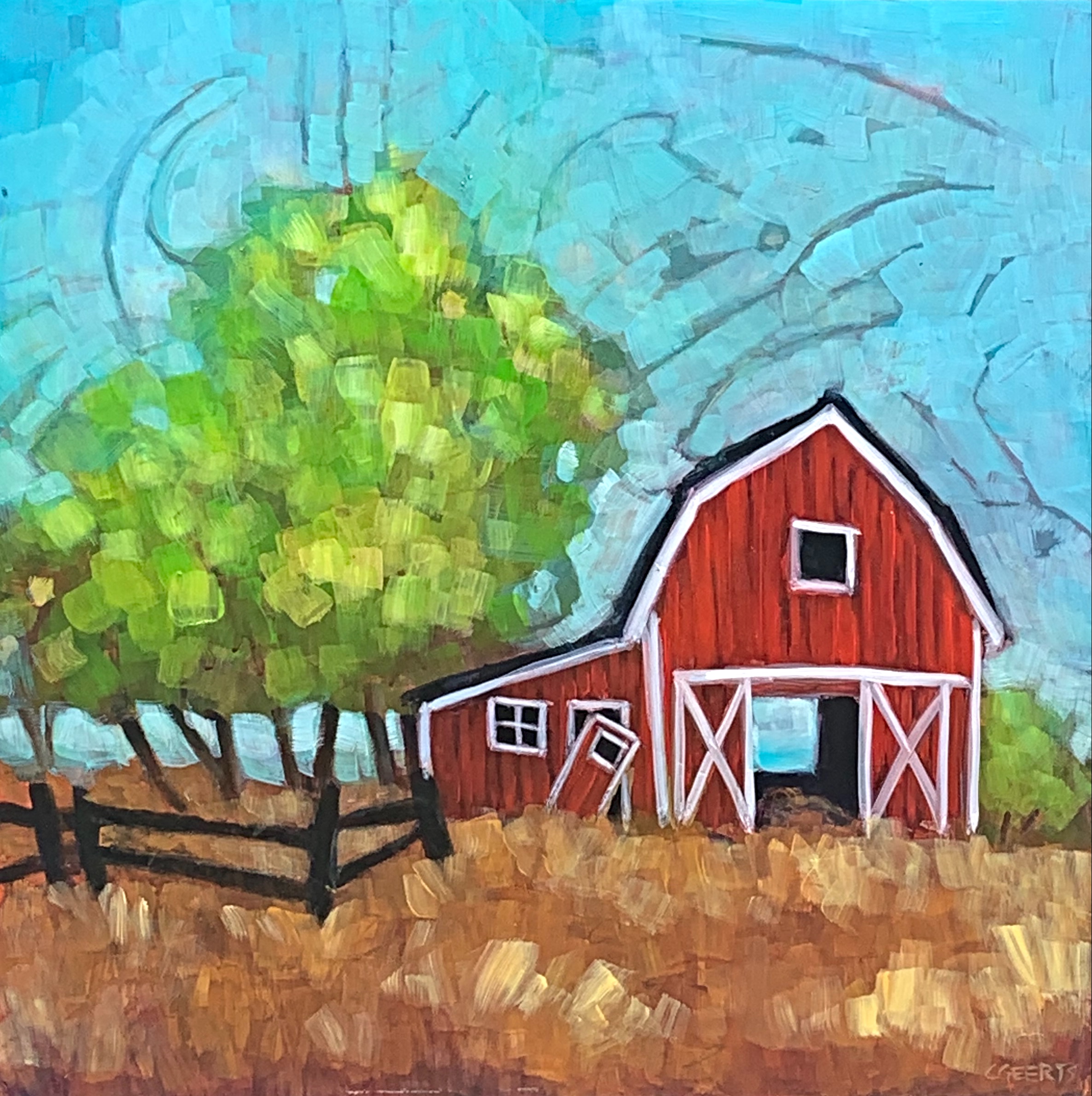 Fixer Upper, acrylic barn painting by Connie Geerts | Effusion Art Gallery + Cast Glass Studio, Invermere BC