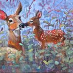 Life is Sweet, mixed media deer and fawn painting by Connie Geerts | Effusion Art Gallery + Cast Glass Studio, Invermere BC