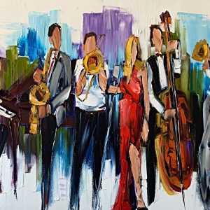 Turn it up Loud, oil musical band painting by Kimberly Kiel | Effusion Art Gallery + Cast Glass Studio, Invermere BC