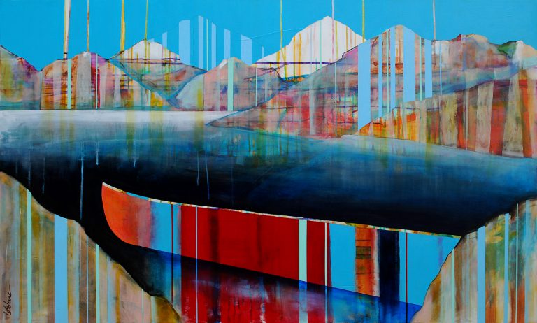 Tout prêt du but, mixed media canoe painting by Sylvain Leblanc | Effusion Art Gallery + Cast Glass Studio, Invermere BC