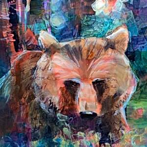 Looking for Berries, mixed media bear painting by Connie Geerts | Effusion Art Gallery + Cast Glass Studio, Invermere BC