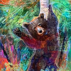 Pole Dancer, mixed media bear painting by Connie Geerts | Effusion Art Gallery + Cast Glass Studio, Invermere BC