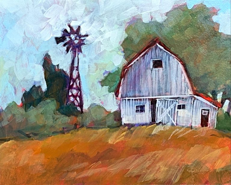White Barn, acrylic barn painting by Connie Geerts | Effusion Art Gallery + Cast Glass Studio, Invermere BC