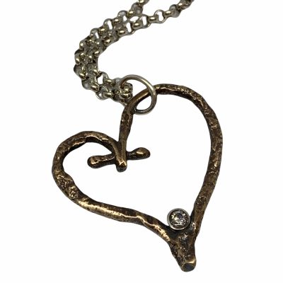 Bronze, Sterling Silver, + CZ Heart Necklace by Karyn Chopik | Effusion Art Gallery + Cast Glass Studio, Invermere BC