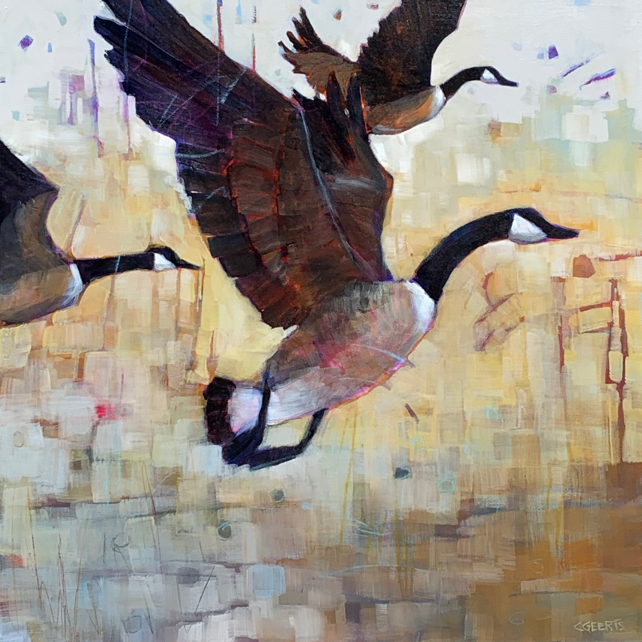 It's about the Journey, mixed media Canada geese painting by Connie Geerts | Effusion Art Gallery + Cast Glass Studio, Invermere BC