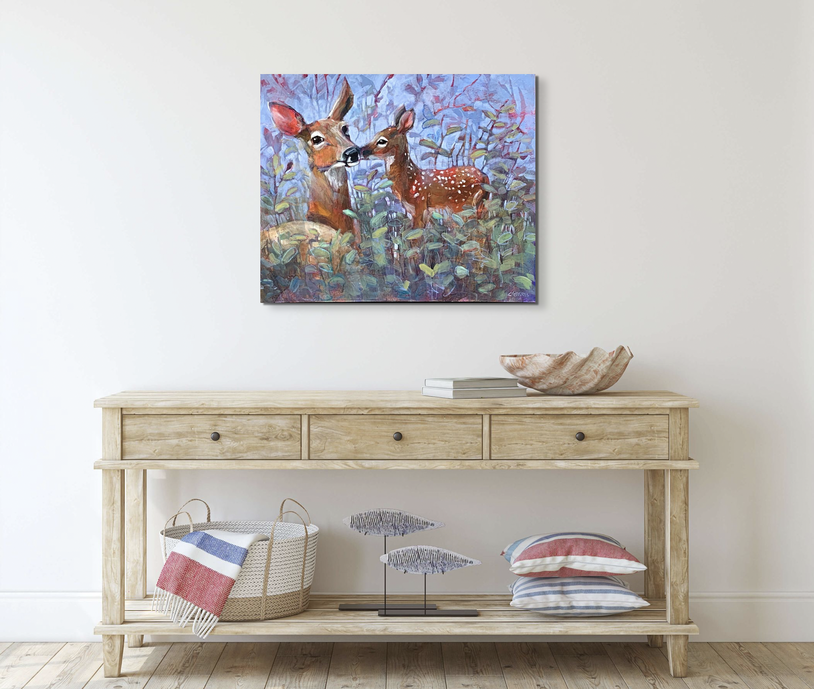 Life is Sweet, acrylic mama deer and fawn painting by Connie Geerts | Effusion Art Gallery + Cast Glass Studio, Invermere BC