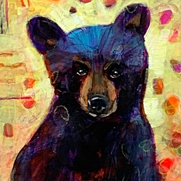 Ursa Minor, mixed media bear cub painting by Connie Geerts | Effusion Art Gallery + Cast Glass Studio, Invermere BC