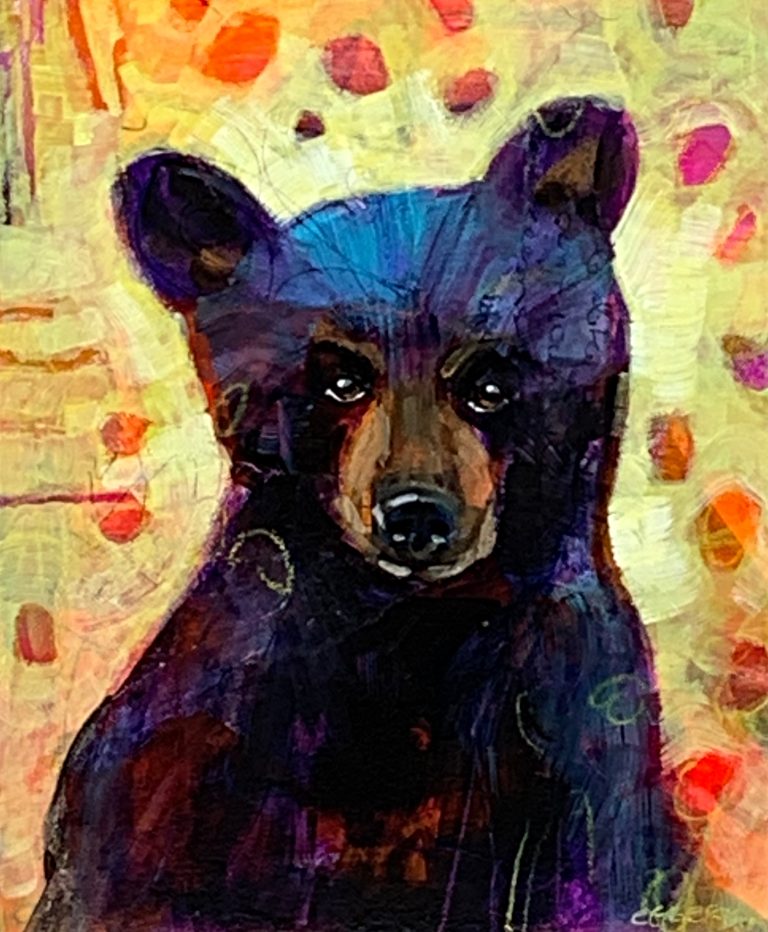 Ursa Minor, mixed media bear cub painting by Connie Geerts | Effusion Art Gallery + Cast Glass Studio, Invermere BC