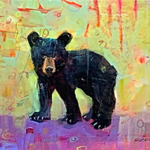 Wandering, mixed media bear cub painting by Connie Geerts | Effusion Art Gallery + Cast Glass Studio, Invermere BC