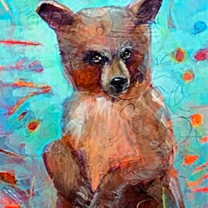 What You Talkin' About?, mixed media bear cub painting by Connie Geerts | Effusion Art Gallery + Cast Glass Studio, Invermere BC