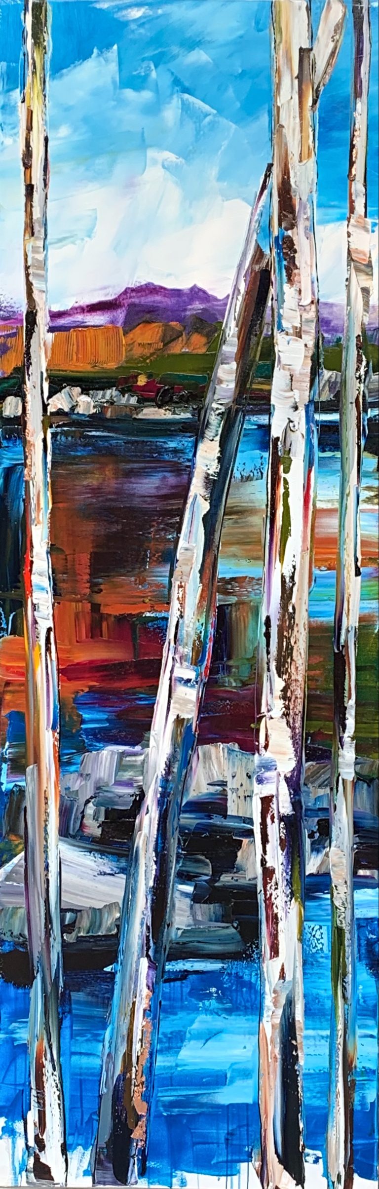 Follow My Tracks 1, mixed media landscape painting by Kimberly Kiel | Effusion Art Gallery + Cast Glass Studio, Invermere BC